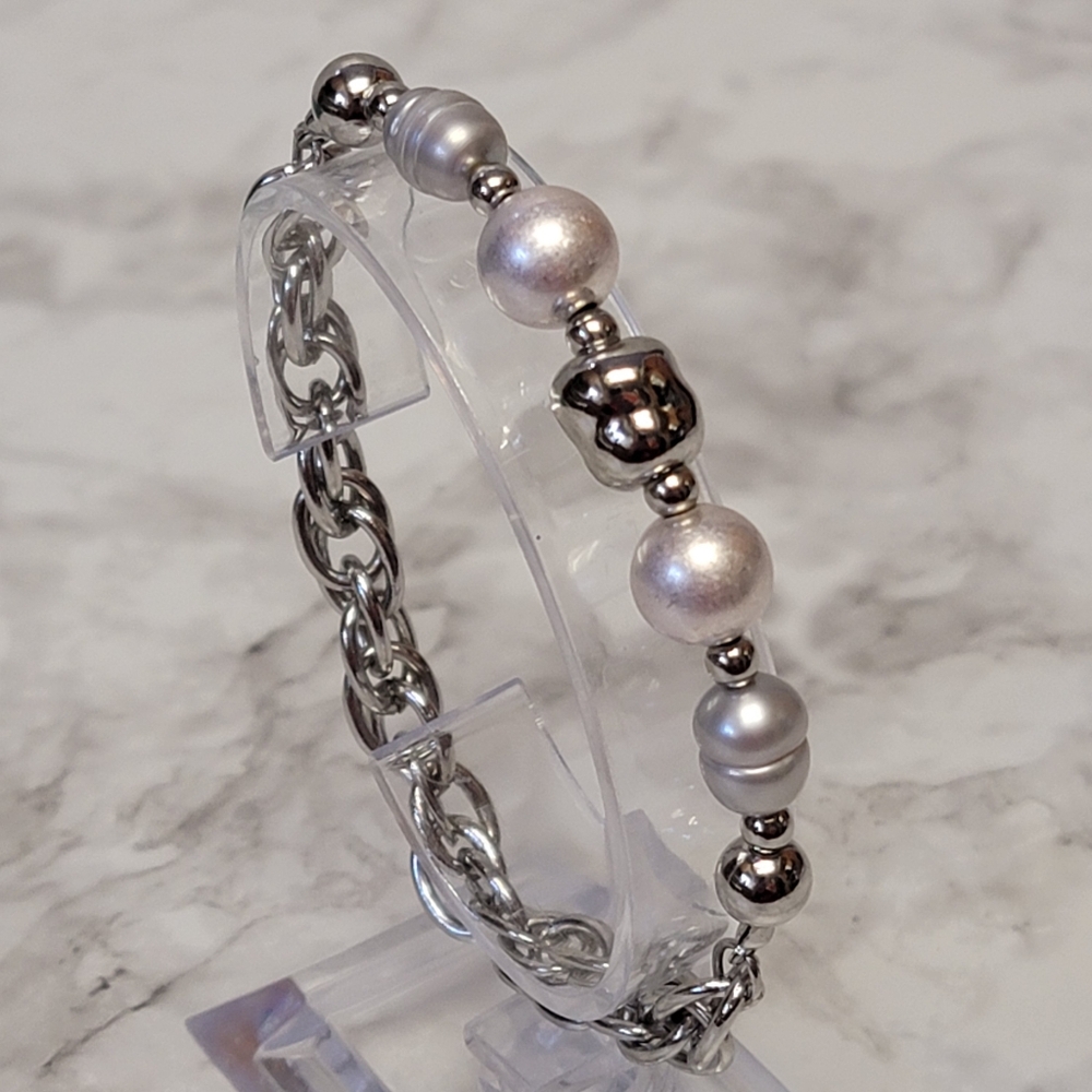 Faux Pearl Beaded Double Cable Chain Bracelet Gray Silver‎ Tone Classic Gift
